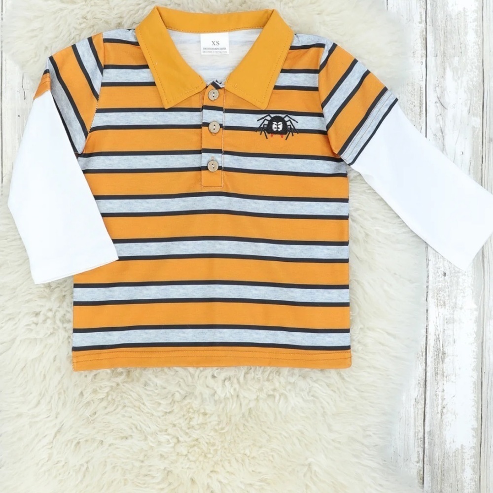 🇺🇸 $5 🇺🇸 Orange, gray, and black striped long sleeve polo with spider NWT